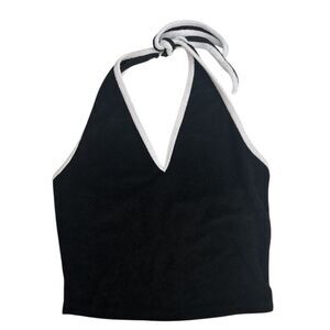 Bozzolo Tilly’s Black With White Trim Terry Cloth Halter Cropped Top Size Large